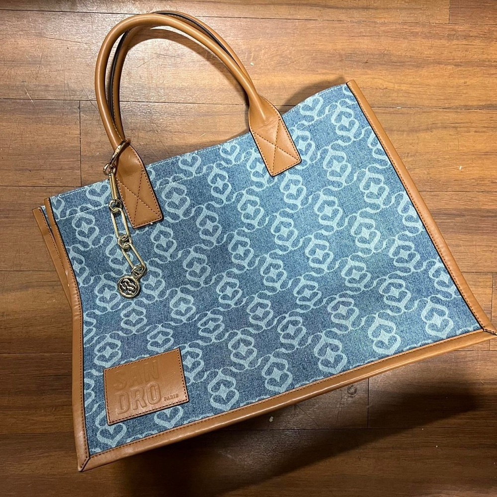 Sandro Denim Leather Logo Book Tote